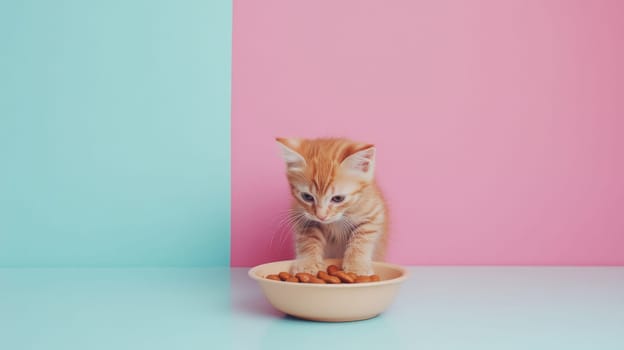 Cute ginger kitten eating food from plate, color minimalist background, AI Generated