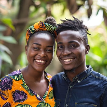 Nestled in a tropical setting, a Nigerian couple in traditional African attire exudes warmth and unity. Their matching headwear and radiant smiles celebrate their cultural heritage