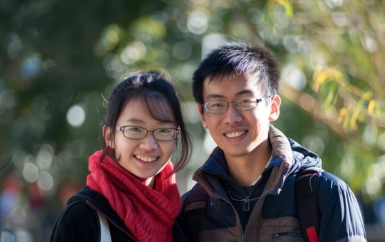 A young academic Chinese couple smiles brightly on a sunny campus day, surrounded by the soft bokeh of nature