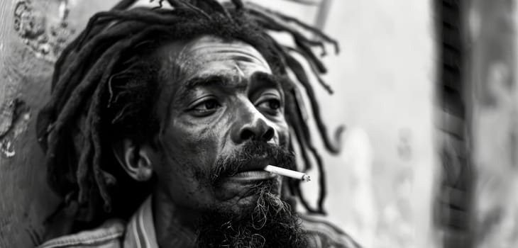 The sharp gaze of a rastafarian man with a smoking cigar is captured in a moment of reflection, his dreadlocks framing a face marked by stories untold