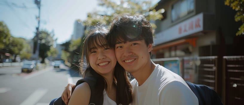 In the warmth of the sun, a Japanese couple smiles brightly, wrapped in each other's arms. The soft sunlight enhances the affectionate atmosphere surrounding them
