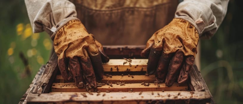 A beekeeper, immersed in the task of maintaining beehives, demonstrates the art of apiculture against a backdrop of lush greenery. The scene is a testament to sustainable practices