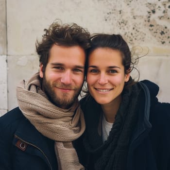 A French couple wrapped in scarves shares a smile, the cool city air contrasting their warm embrace