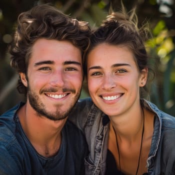 Radiant smiles light up the faces of a French couple as they enjoy a sunny outdoor moment, surrounded by nature