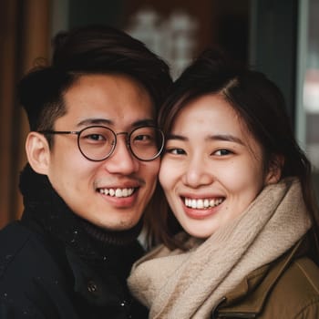 In a winter cityscape, a stylish Chinese couple poses with an air of casual elegance. Their cozy scarves and radiant smiles speak to a chic urban warmth
