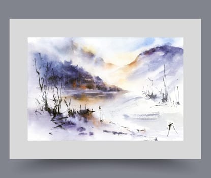 Landscape with swamp nature and wild plants growing among high hills, on watercolor poster. Abstract artwork with wild nature and environment for long hikes and trips or camping by lake