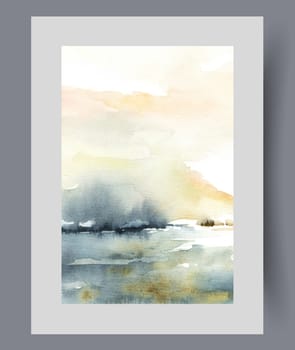 Morning nature with bright sunny sky over lake and coast on horizon, on abstract watercolor poster. Seascape with picturesque lake for fishing or rafting and active summer recreation