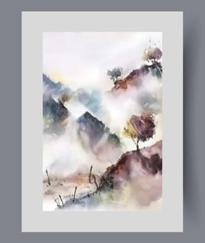 Mountainous area with sparse trees and fog caused by sharp cooling in region and climate change. Watercolor artwork with mountainous landscape over rocks in wild park for lovers of extreme hikes