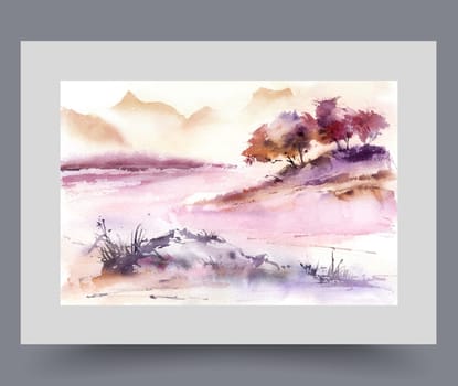 Picturesque nature with river skirting hill with trees and sunny skies illuminating mountains. Picturesque landscape in watercolor painting for design of magazines about nature or botany