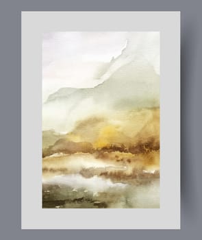 Autumn nature with trees or bushes with yellowed foliage at foot of high mountains. Watercolor artworks with landscape of ecologically clean nature and plants reflected in river in foreground