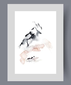 Minimalistic mountain landscape with single rock peak, in watercolor vertical painting. Artworks with winter rock, for interior design of hotel at ski resort for athletes and tourists