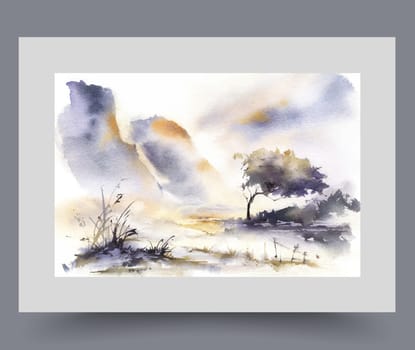 Picturesque autumn landscape with high mountains and sunset over swampy nature. Watercolor artwork with lonely tree growing on opposite bank of river or lake, during evening sunset