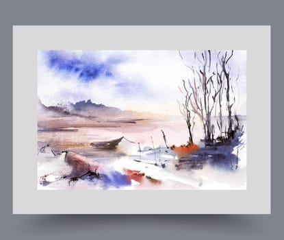 Picturesque nature with boats moored on shore of lake near trees with fallen leaves after onset of winter season. Abstract landscape with beautiful autumn sunrise over river and boat for fish