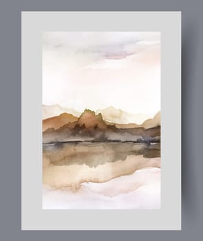 Beautiful deserted nature with large lake and mountains on coast, symbolizing purity environment. Watercolor artwork with nature with hills and forest under gloomy sky, after onset of autumn weather