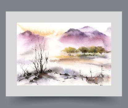 Picturesque landscape with dried tree with fallen leaves near river, and green forest. Morning sunrise on landscape with high mountains and plant that died due to environmental problems