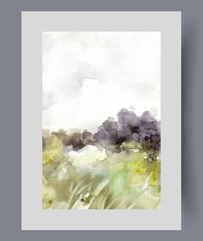 Green meadow on edge of forest or garden with trees, under sunny sky, on watercolor vertical poster. Green meadow with tall grass grown in ecologically clean place with good mild climate