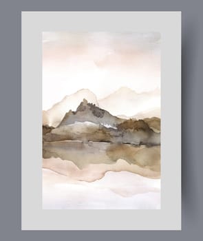 Landscape with mountains on seashore in cloudy weather, in watercolor vertical painting. Mountains reflected in river on gloomy autumn morning in nature reserve with beautiful terrain