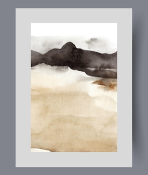 Abstract landscape with desert area with land covered with sand dunes and black rocks on horizon. Watercolor artwork with landscape in hot sunny weather in region with arid climate