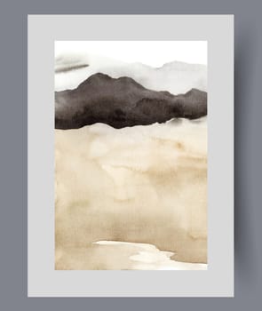 Landscape with desert sandy area and dark mountain on horizon, on watercolor poster. Abstract landscape with desert for design of travel literature about African region and southern countries