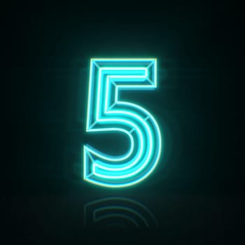 Cyan blue neon wire Number 5 FIVE 3D rendering illustration isolated on black background