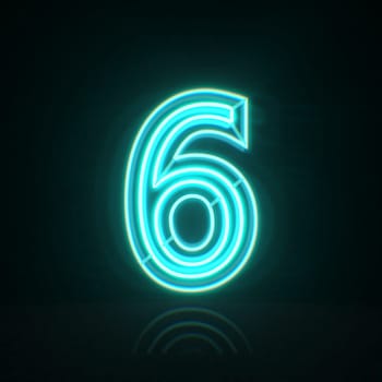 Cyan blue neon wire Number 6 SIX 3D rendering illustration isolated on black background