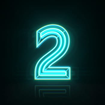 Cyan blue neon wire Number 2 TWO 3D rendering illustration isolated on black background
