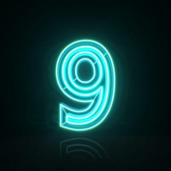 Cyan blue neon wire Number 9 NINE 3D rendering illustration isolated on black background