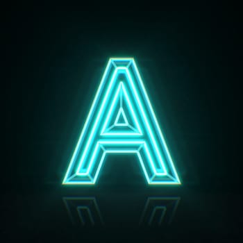 Cyan blue neon wire font Letter A 3D rendering illustration isolated on black background