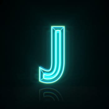 Cyan blue neon wire font Letter J 3D rendering illustration isolated on black background