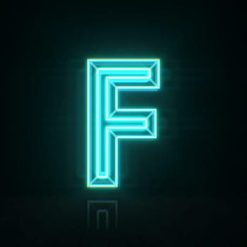 Cyan blue neon wire font Letter F 3D rendering illustration isolated on black background