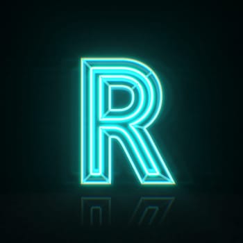 Cyan blue neon wire font Letter R 3D rendering illustration isolated on black background
