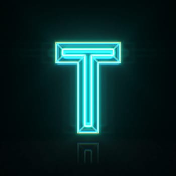 Cyan blue neon wire font Letter T 3D rendering illustration isolated on black background