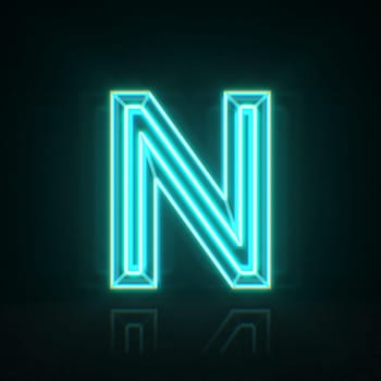 Cyan blue neon wire font Letter N 3D rendering illustration isolated on black background