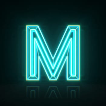 Cyan blue neon wire font Letter M 3D rendering illustration isolated on black background