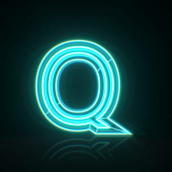 Cyan blue neon wire font Letter Q 3D rendering illustration isolated on black background