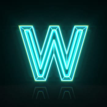 Cyan blue neon wire font Letter W 3D rendering illustration isolated on black background