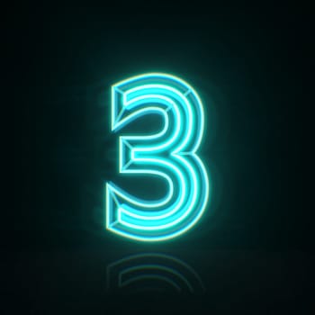 Cyan blue neon wire Number 3 THREE 3D rendering illustration isolated on black background