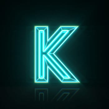 Cyan blue neon wire font Letter K 3D rendering illustration isolated on black background