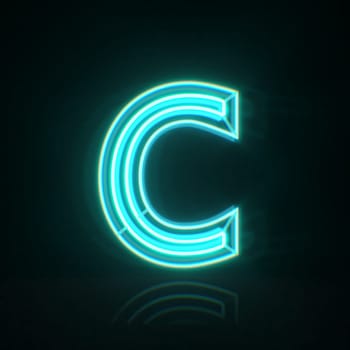 Cyan blue neon wire font Letter C 3D rendering illustration isolated on black background