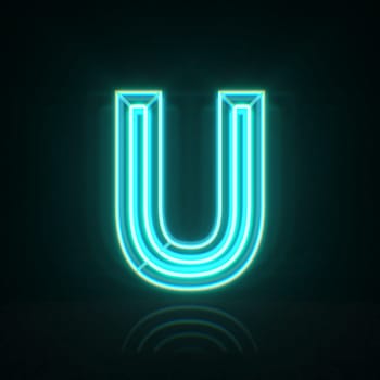 Cyan blue neon wire font Letter U 3D rendering illustration isolated on black background