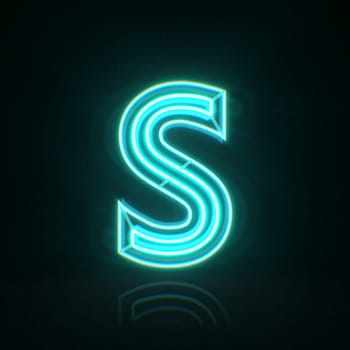 Cyan blue neon wire font Letter S 3D rendering illustration isolated on black background