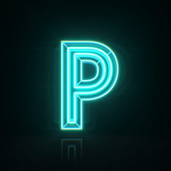 Cyan blue neon wire font Letter P 3D rendering illustration isolated on black background