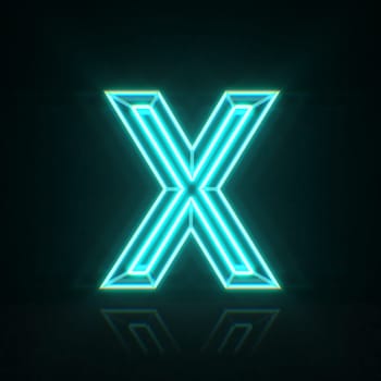 Cyan blue neon wire font Letter X 3D rendering illustration isolated on black background