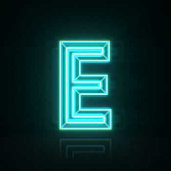 Cyan blue neon wire font Letter E 3D rendering illustration isolated on black background
