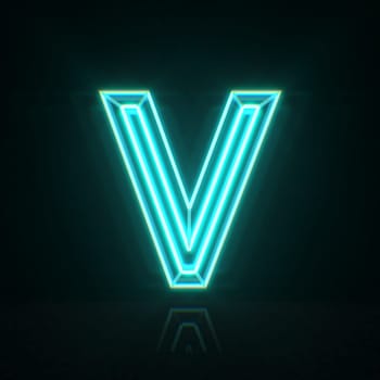 Cyan blue neon wire font Letter V 3D rendering illustration isolated on black background