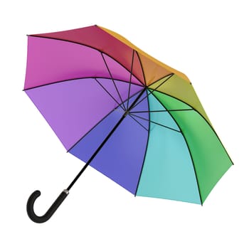 Open multicolor umbrella with black handle lying on a side or flying away, isolated on white background. 3D illustration