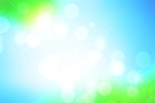 Abstract bright spring or summer landscape texture with natural light green white bokeh lights and blue bright sunny sky with clouds. Autumn or summer background with copy space.