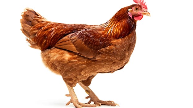 Brown chicken standing on white background