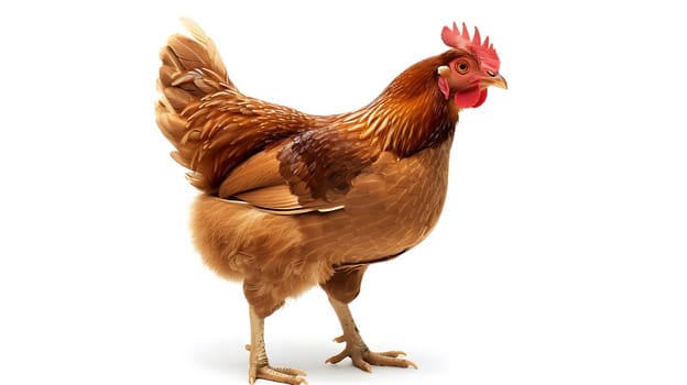 Brown chicken standing on white background