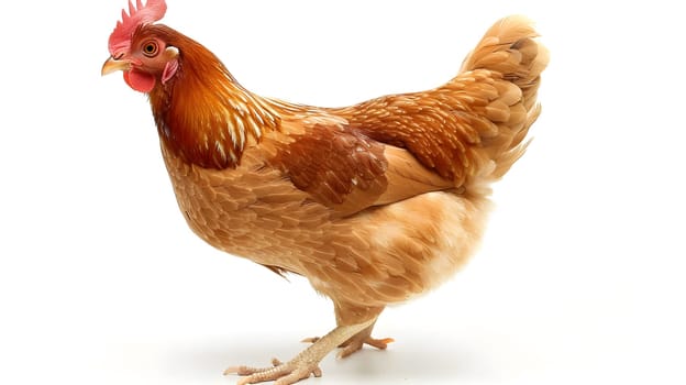 Brown chicken standing on white background
